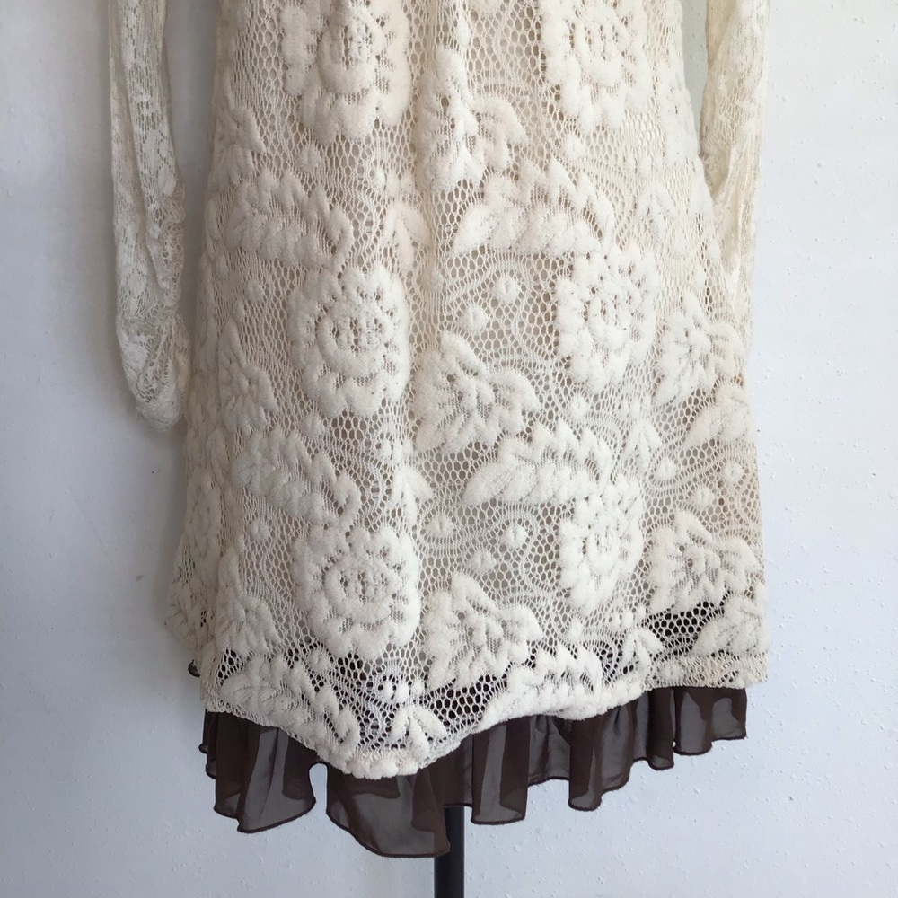 A'Reve Women Chic Sheer Cream Dolly/Olive Lace Detail Brown Ruffle Tier Dress M - Picture 5 of 11